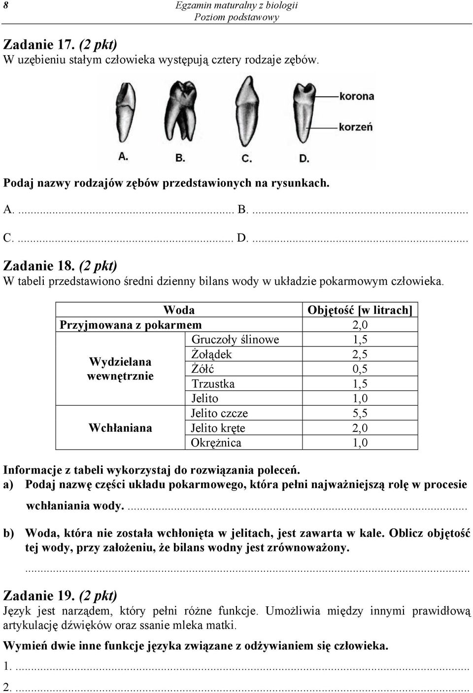 Woda Przyjmowana z pokarmem 2,0 Gruczoły ślinowe 1,5 Wydzielana wewnętrznie Wchłaniana Objętość [w litrach] Żołądek 2,5 Żółć 0,5 Trzustka 1,5 Jelito 1,0 Jelito czcze 5,5 Jelito kręte 2,0 Okrężnica