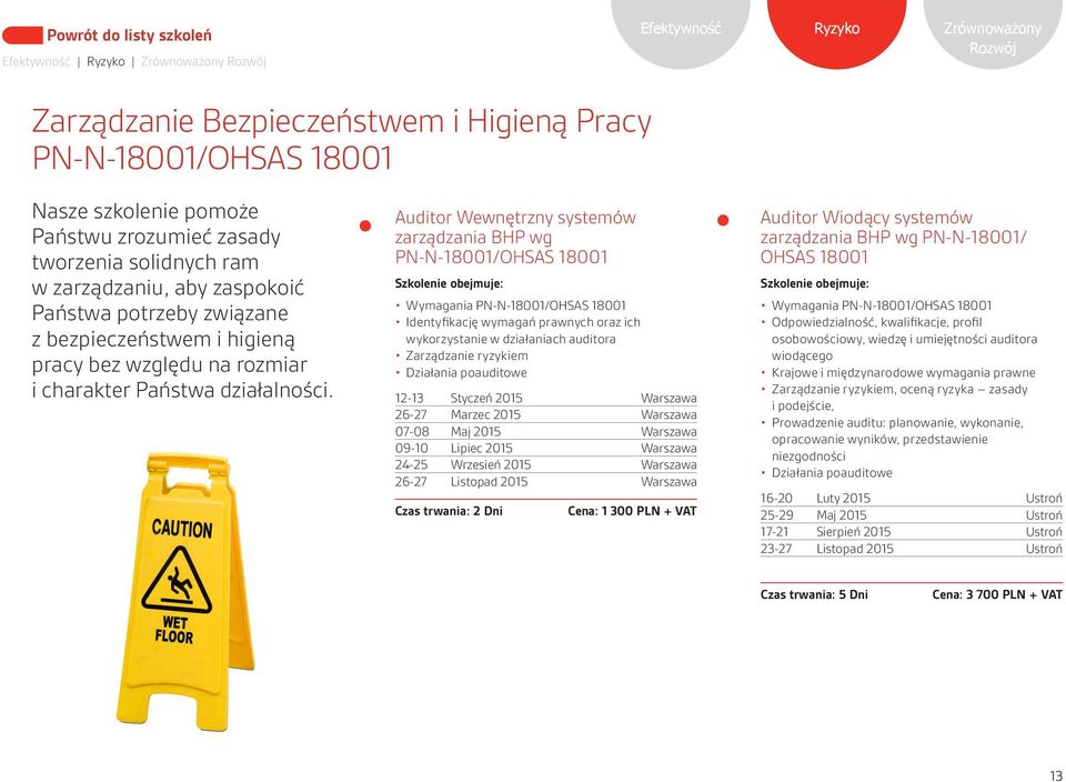 Auditor Wewnętrzny systemów zarządzania BHP wg PN-N-18001/OHSAS 18001 Wymagania PN-N-18001/OHSAS 18001 Identyfikację wymagań prawnych oraz ich wykorzystanie w działaniach auditora Zarządzanie