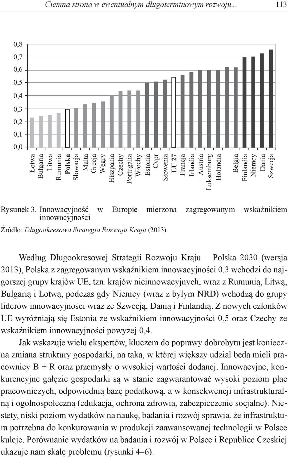 Luksemburg Holandia Belgia Finlandia Niemcy Dania Szwecja Rysunek 3. Innowacyjność w Europie mierzona zagregowanym wskaźnikiem innowacyjności Źródło: Długookresowa Strategia Rozwoju Kraju (2013).