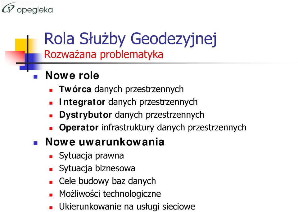 Operator infrastruktury danych przestrzennych Nowe uwarunkowania Sytuacja prawna