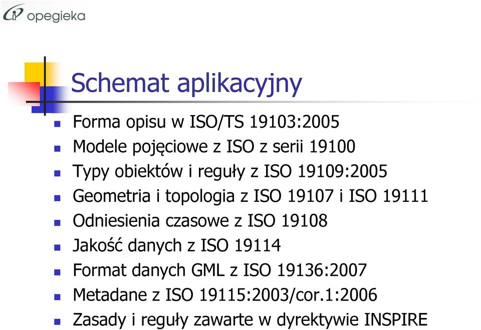 19111 Odniesienia czasowe z ISO 19108 Jakość danych z ISO 19114 Format danych GML z ISO