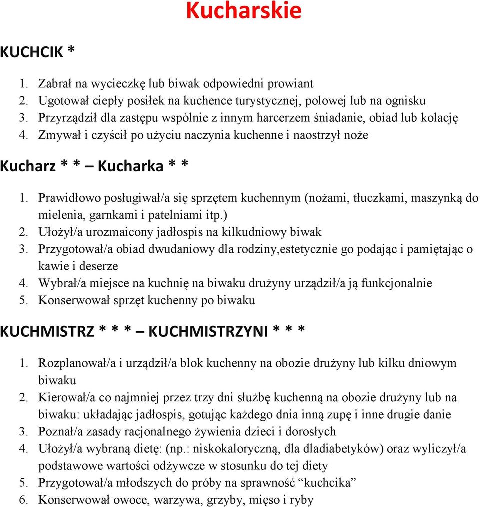 Prawidłowo posługiwał/a się sprzętem kuchennym (nożami, tłuczkami, maszynką do mielenia, garnkami i patelniami itp.) 2. Ułożył/a urozmaicony jadłospis na kilkudniowy biwak 3.