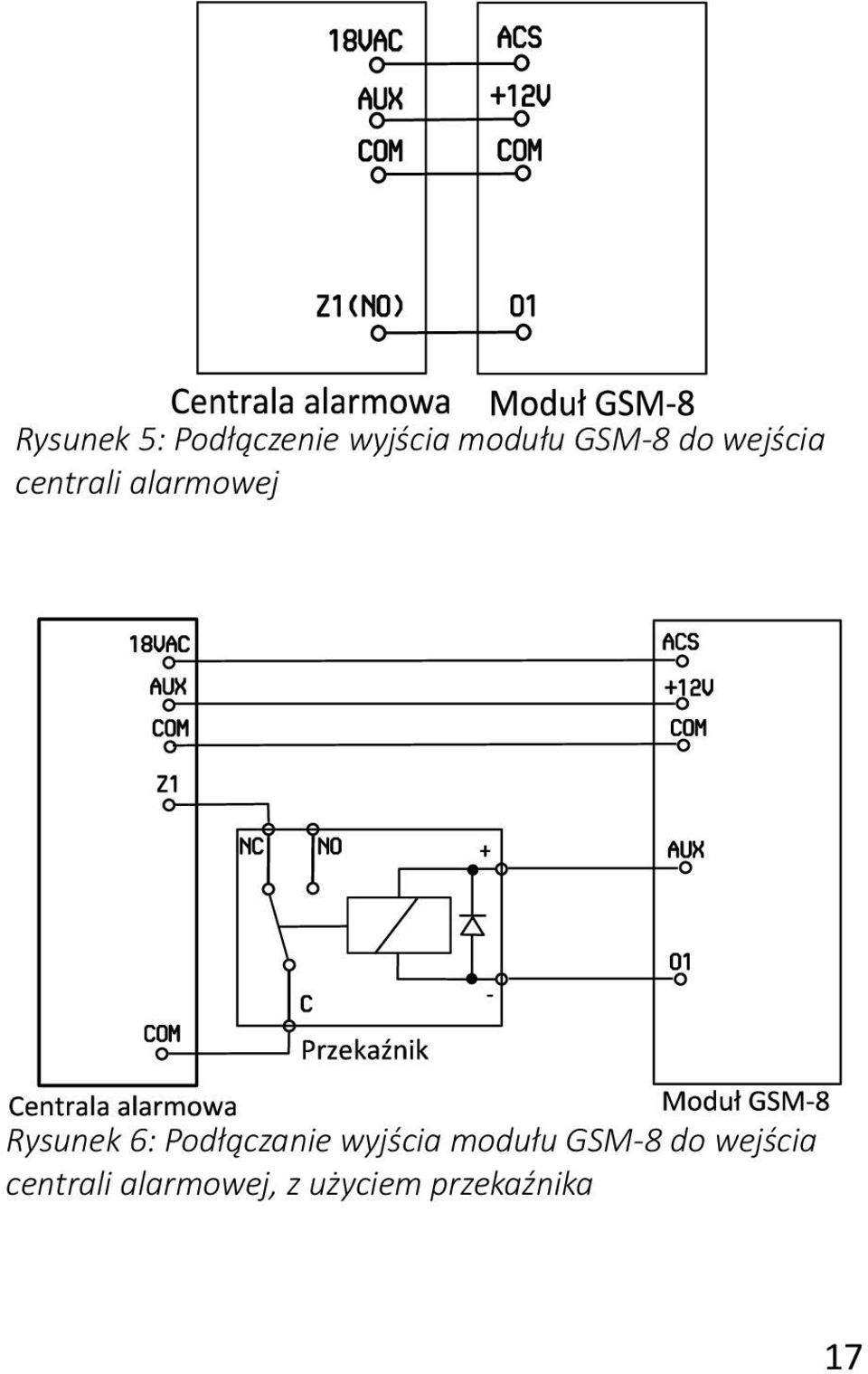 Podłączanie wyjścia modułu GSM-8 do wejścia