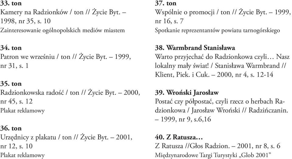 ton Wspólnie o promocji / ton // Życie Byt. 1999, nr 16, s. 7 Spotkanie reprezentantów powiatu tarnogórskiego 38. Warmbrand Stanisława Warto przyjechać do Radzionkowa czyli Nasz lokalny mały świat!