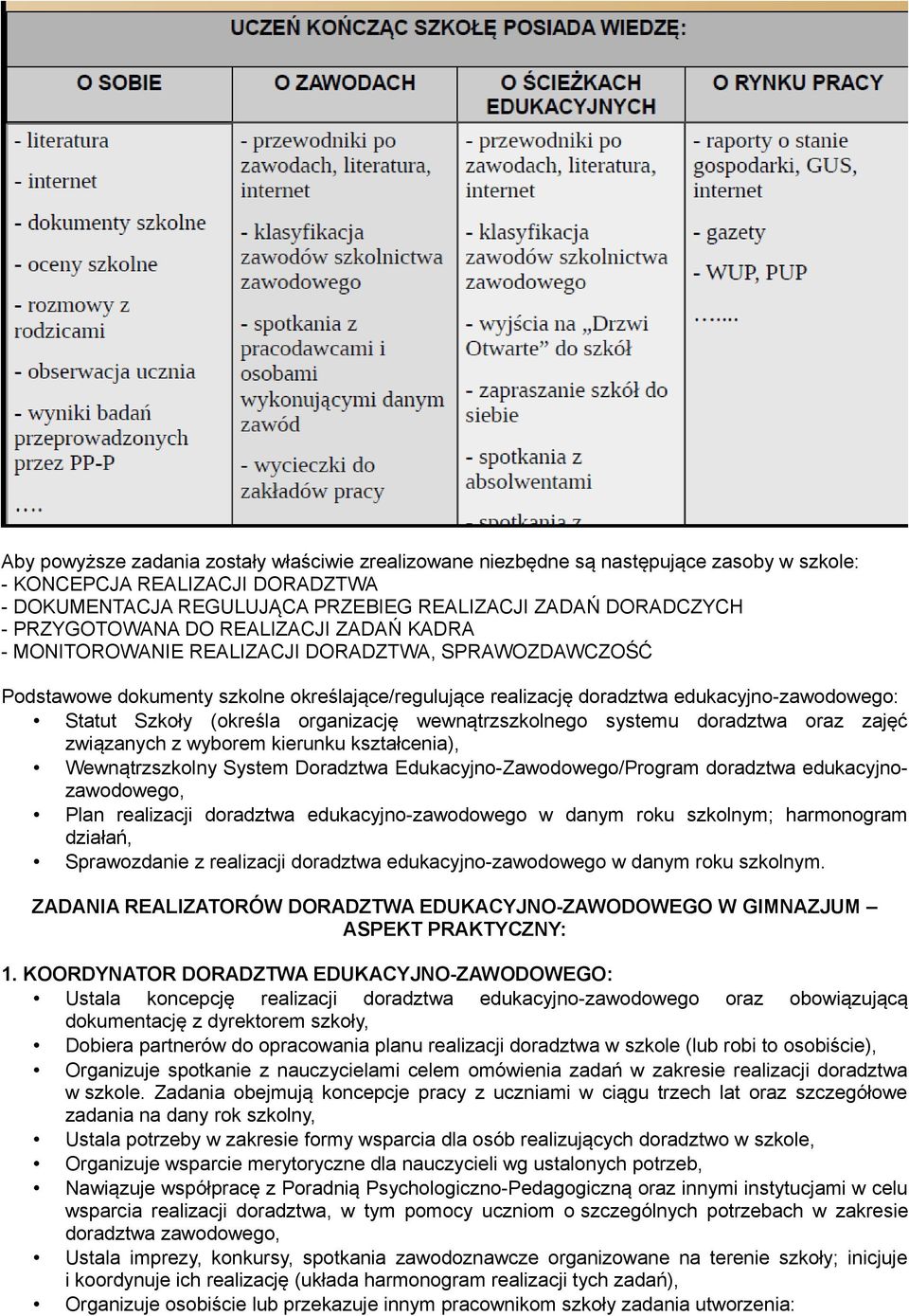 Szkoły (określa organizację wewnątrzszkolnego systemu doradztwa oraz zajęć związanych z wyborem kierunku kształcenia), Wewnątrzszkolny System Doradztwa Edukacyjno-Zawodowego/Program doradztwa