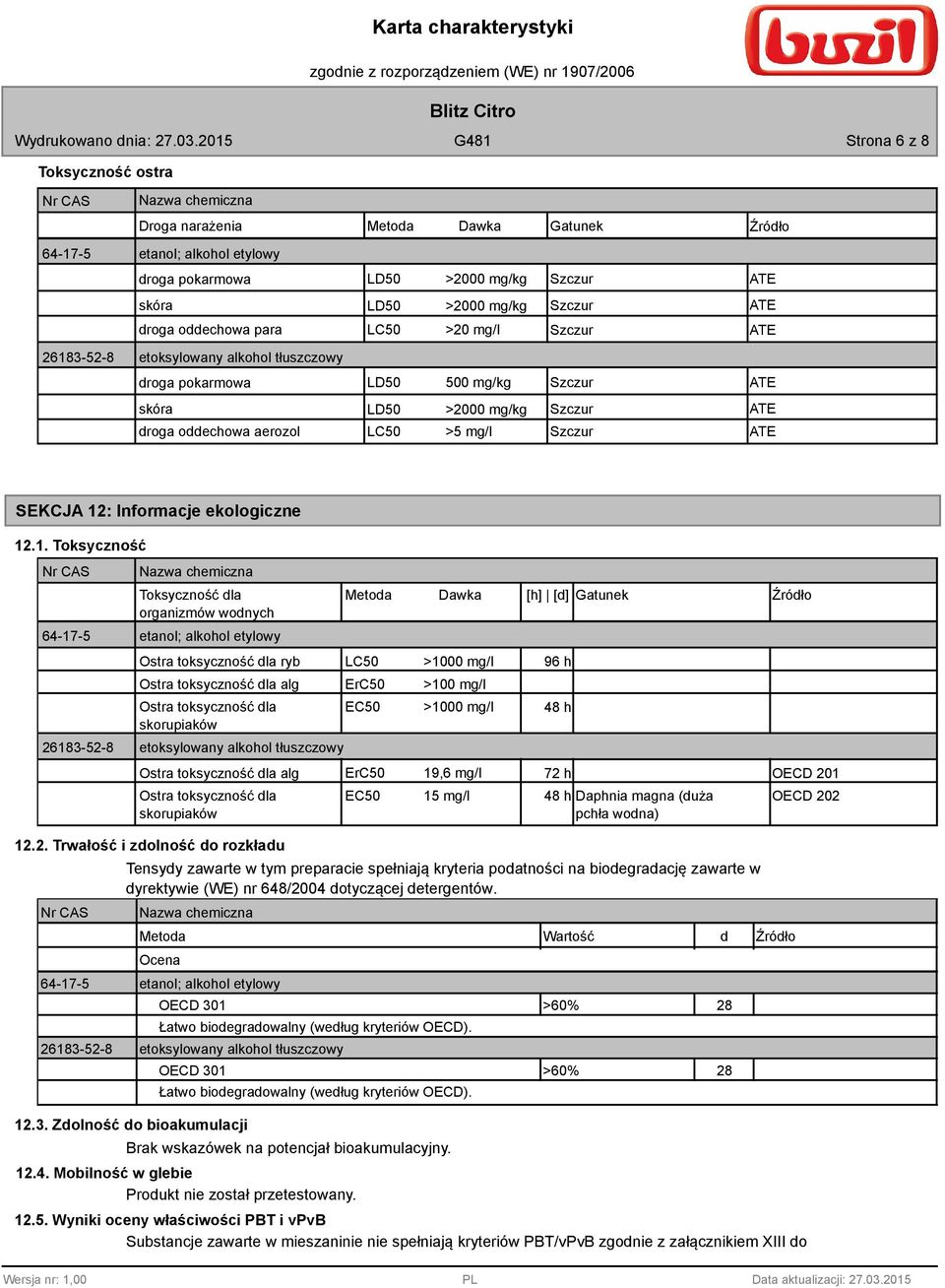 LC50 >5 mg/l Szczur ATE SEKCJA 12