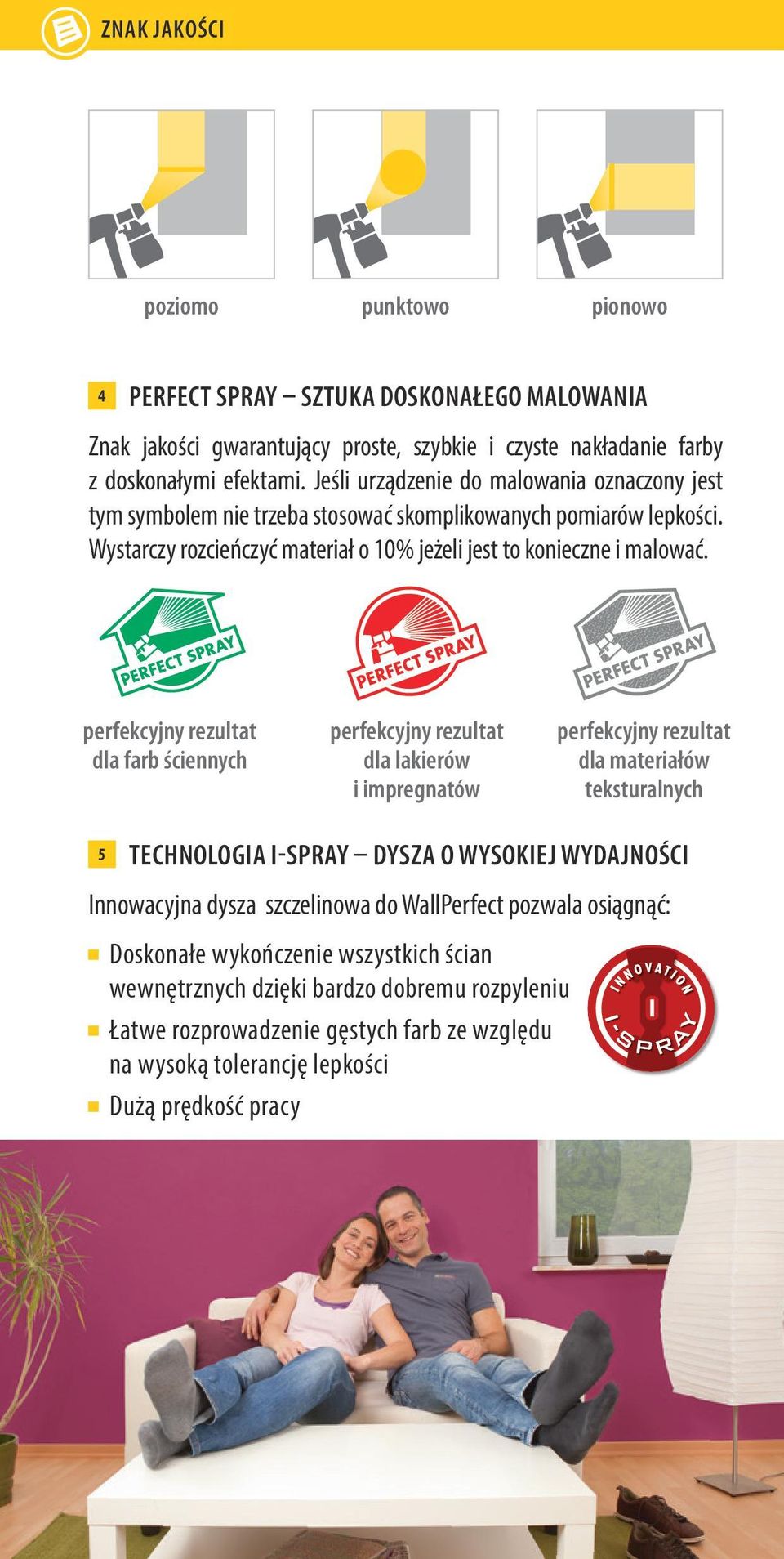 perfekcyjny rezultat dla farb ściennych perfekcyjny rezultat dla lakierów i impregnatów perfekcyjny rezultat dla materiałów teksturalnych 5 TECHNOLOGIA I-SPRAY DYSZA O WYSOKIEJ WYDAJNOŚCI