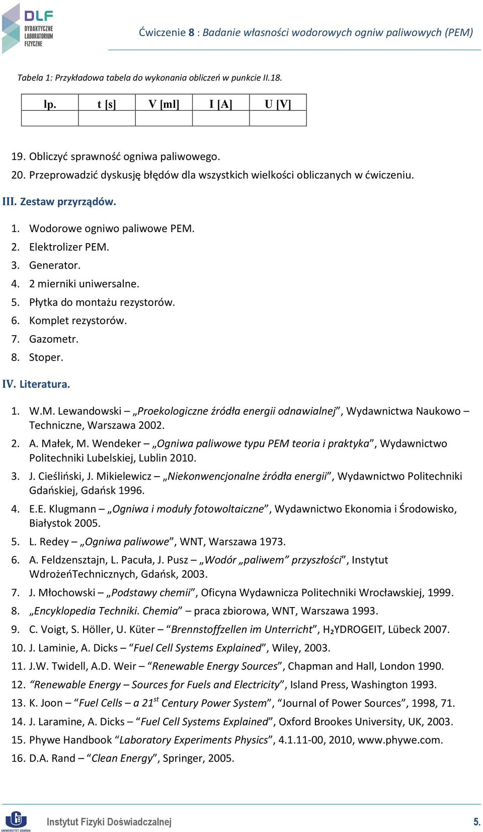 5. Płytka do montażu rezystorów. 6. Komplet rezystorów. 7. Gazometr. 8. Stoper. IV. Literatura. 1. W.M.