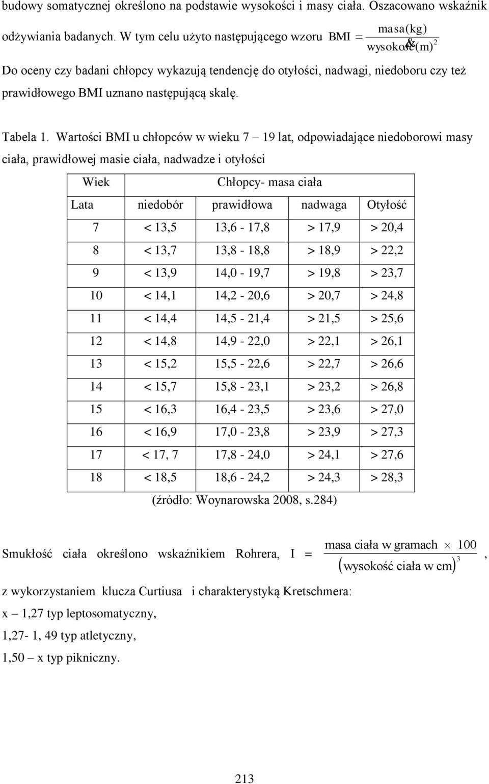 Wartości BMI u chłopców w wieku 7 19 lat, odpowiadające niedoborowi masy ciała, prawidłowej masie ciała, nadwadze i otyłości Wiek Chłopcy- masa ciała Lata niedobór prawidłowa nadwaga Otyłość 7 < 13,5