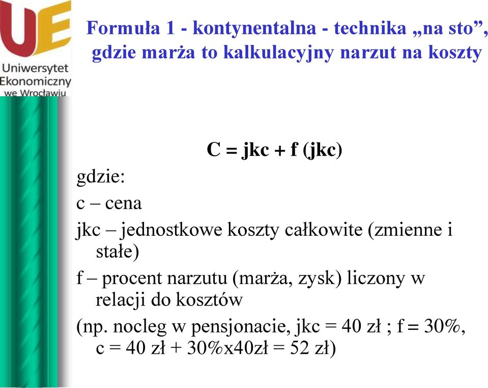 całkowite (zmienne i stałe) f procent narzutu (marża, zysk) liczony w relacji