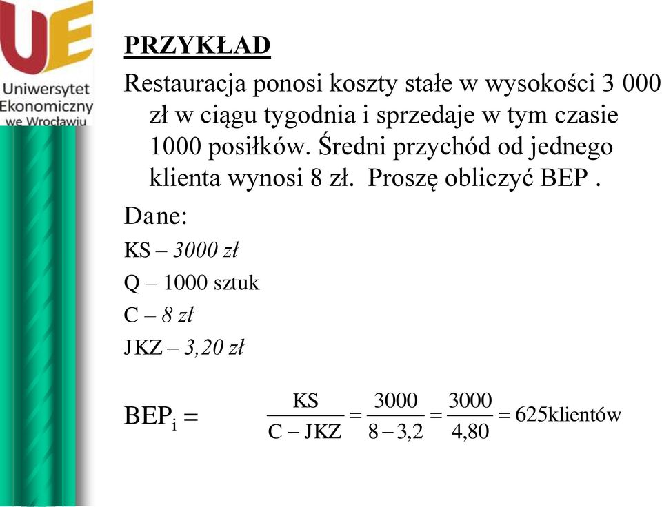 Średni przychód od jednego klienta wynosi 8 zł. Proszę obliczyć BEP.