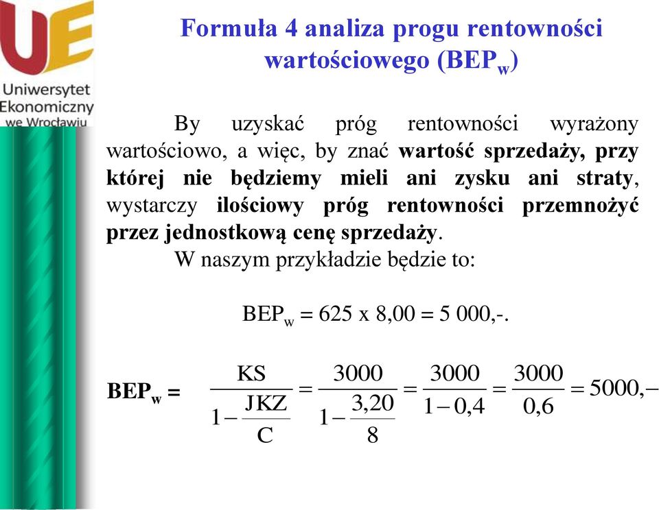 straty, wystarczy ilościowy próg rentowności przemnożyć przez jednostkową cenę sprzedaży.