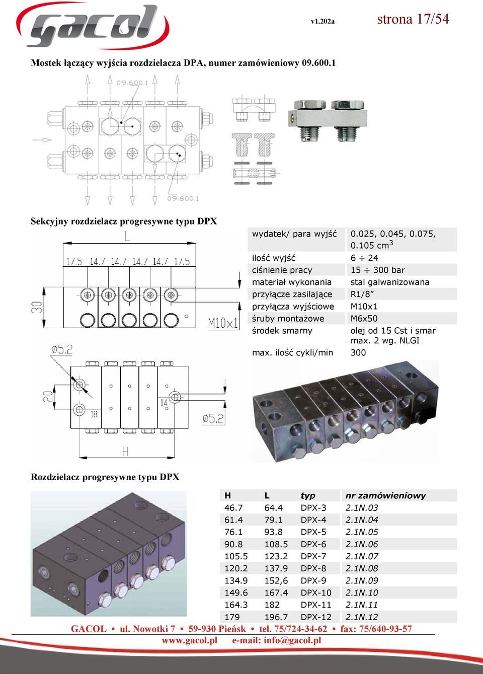 M6x50 max. ilość cykli/min 300 olej od 15 Cst i smar max. 2 wg. NLGI Rozdzielacz progresywne typu DPX H L typ 46.7 64.4 DPX-3 2.1N.03 61.4 79.1 DPX-4 2.1N.04 76.1 93.8 DPX-5 2.