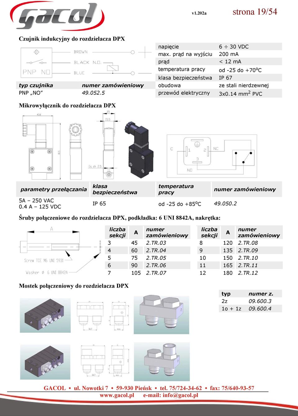 14 mm 2 PVC Mikrowyłącznik do rozdzielacza DPX parametry przełączania 5A 250 VAC 0.4 A 125 VDC klasa bezpieczeństwa temperatura pracy IP 65 od -25 do +85 o C 49.050.