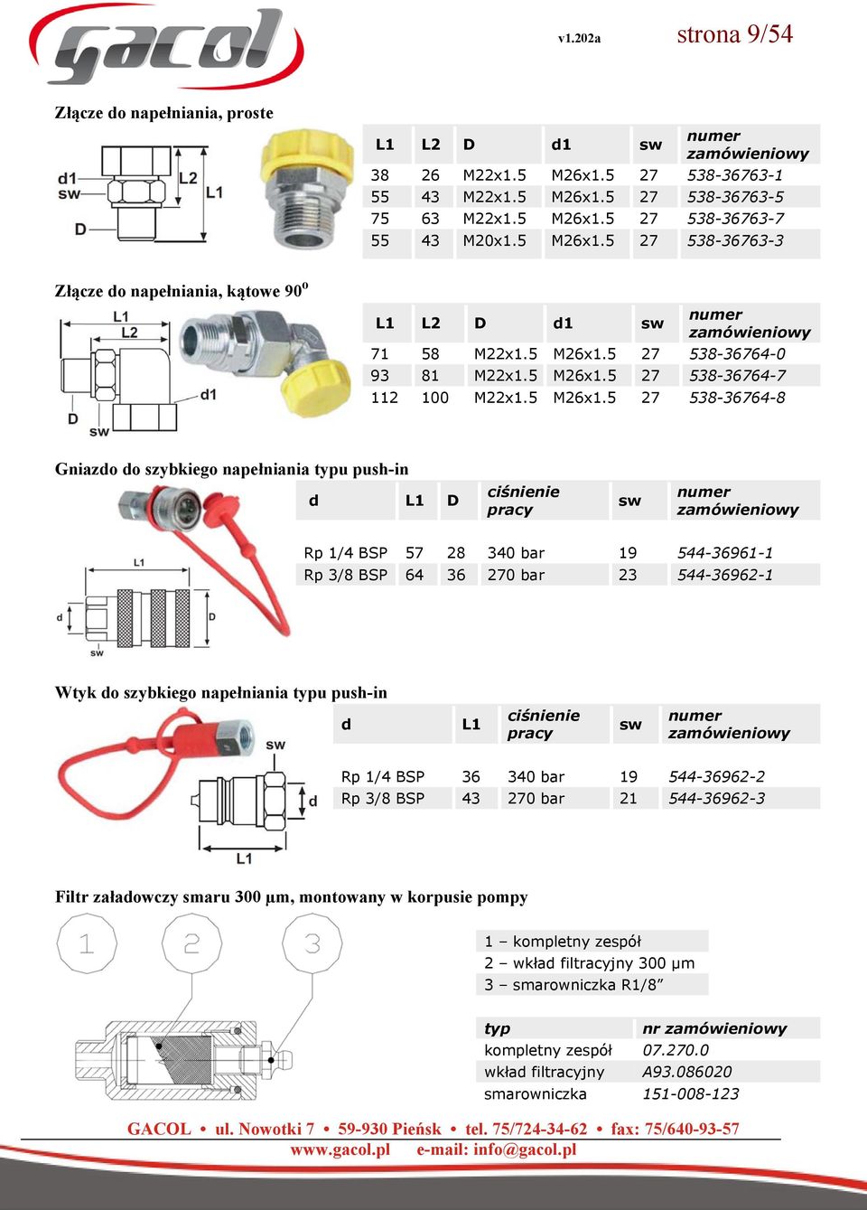 5 27 538-36763-3 Złącze do napełniania, kątowe 90 o L1 L2 D d1 sw numer zamówieniowy 71 58 M22x1.5 27 538-36764-0 93 81 M22x1.5 27 538-36764-7 112 100 M22x1.