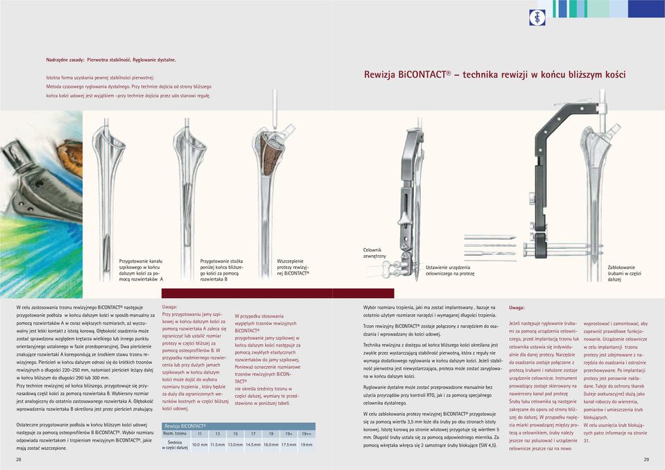 Rewizja BiCONTACT technika rewizji w końcu bliższym kości Przygotowanie kanału szpikowego w końcu dalszym kości za pomocą rozwiertaków A Przygotowanie stożka poniżej końca bliższego kości za pomocą