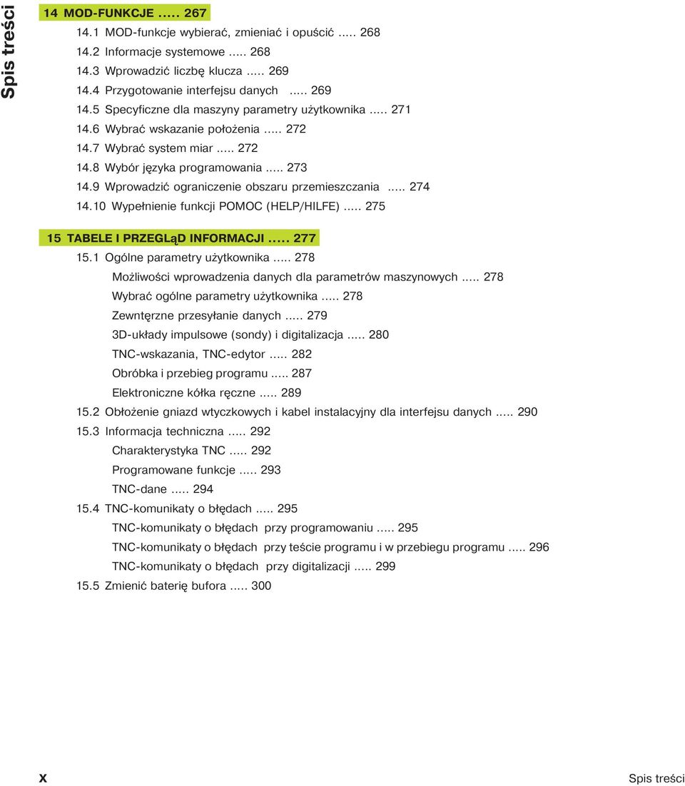 9 Wprowadzić ograniczenie obszaru przemieszczania... 274 14.10 Wypełnienie funkcji POMOC (HELP/HILFE)... 275 15 TABELE I PRZEGL D INFORMACJI... 277 15.1 Ogólne parametry użytkownika.