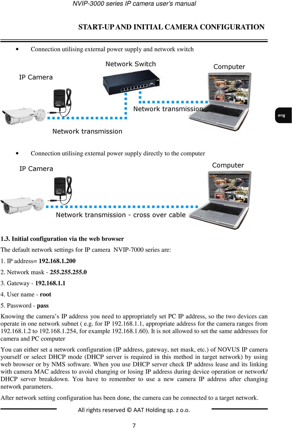 Initial configuration via the web browser The default network settings for IP camera NVIP-7000 series are: 1. IP address= 192.168.1.200 2. Network mask - 255.255.255.0 3. Gateway - 192.168.1.1 4.