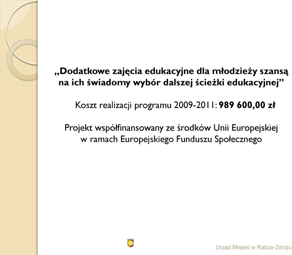 programu 2009-2011: 989 600,00 zł Projekt współfinansowany ze