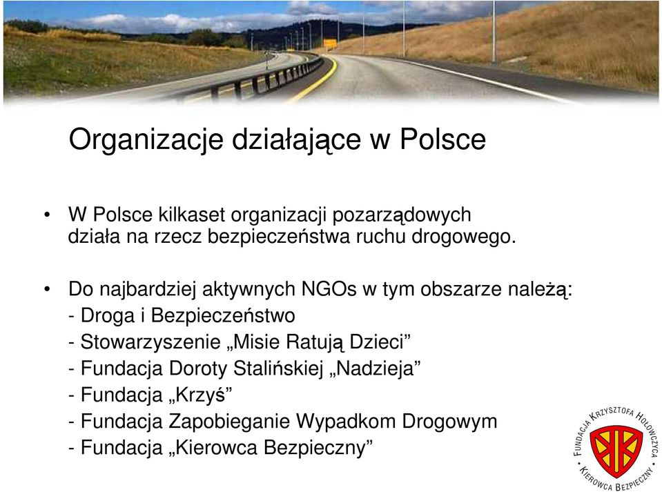 Do najbardziej aktywnych NGOs w tym obszarze naleŝą: - Droga i Bezpieczeństwo -