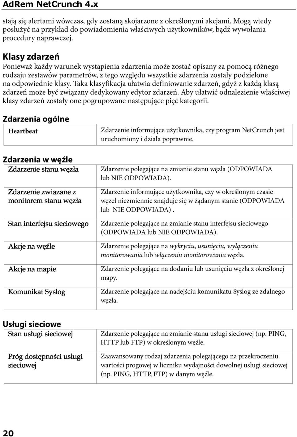 Klasy zdarzeń Ponieważ każdy warunek wystąpienia zdarzenia może zostać opisany za pomocą różnego rodzaju zestawów parametrów, z tego względu wszystkie zdarzenia zostały podzielone na odpowiednie