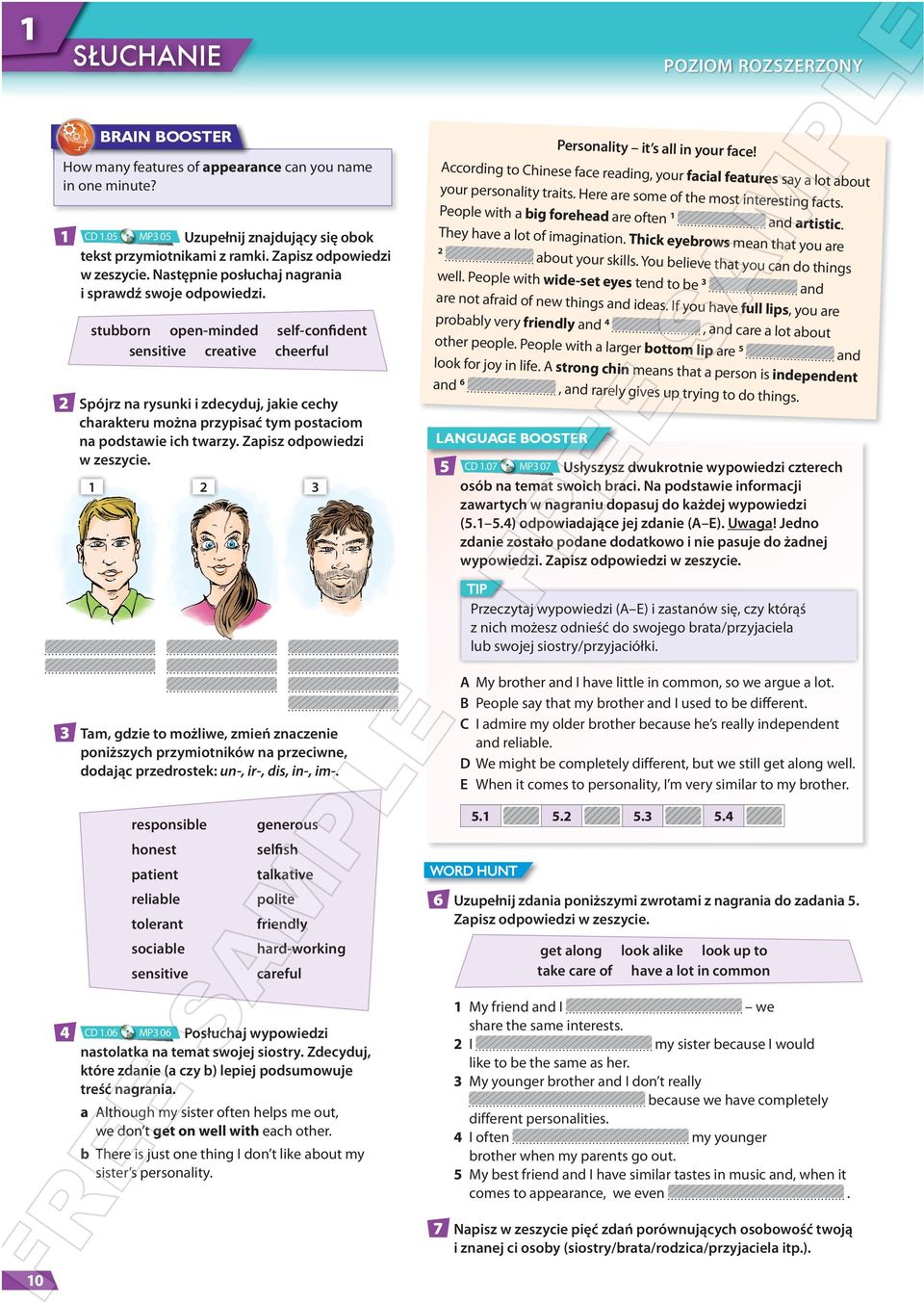 sensitive creative cheerful Spójrz na rysunki i zdecyduj, jakie cechy charakteru można przypisać tym postaciom na podstawie ich twarzy Zapisz odpowiedzi w zeszycie 3 3 Tam, gdzie to możliwe, zmień