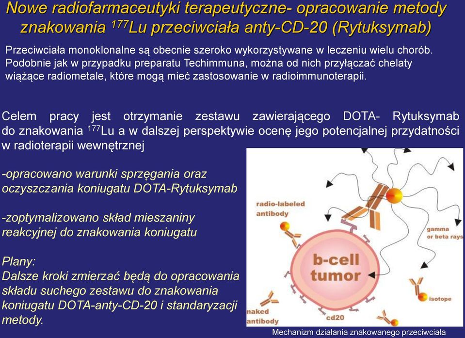 Celem pracy jest otrzymanie zestawu zawierającego DOTA- Rytuksymab do znakowania 177 Lu a w dalszej perspektywie ocenę jego potencjalnej przydatności w radioterapii wewnętrznej -opracowano warunki