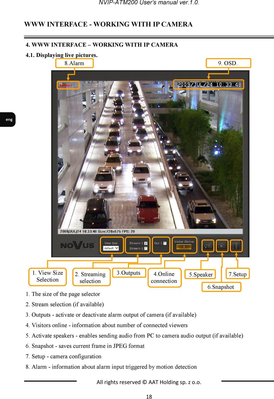 Visitors online - information about number of connected viewers 5. Activate speakers - enables sending audio from PC to camera audio output (if available) 6.