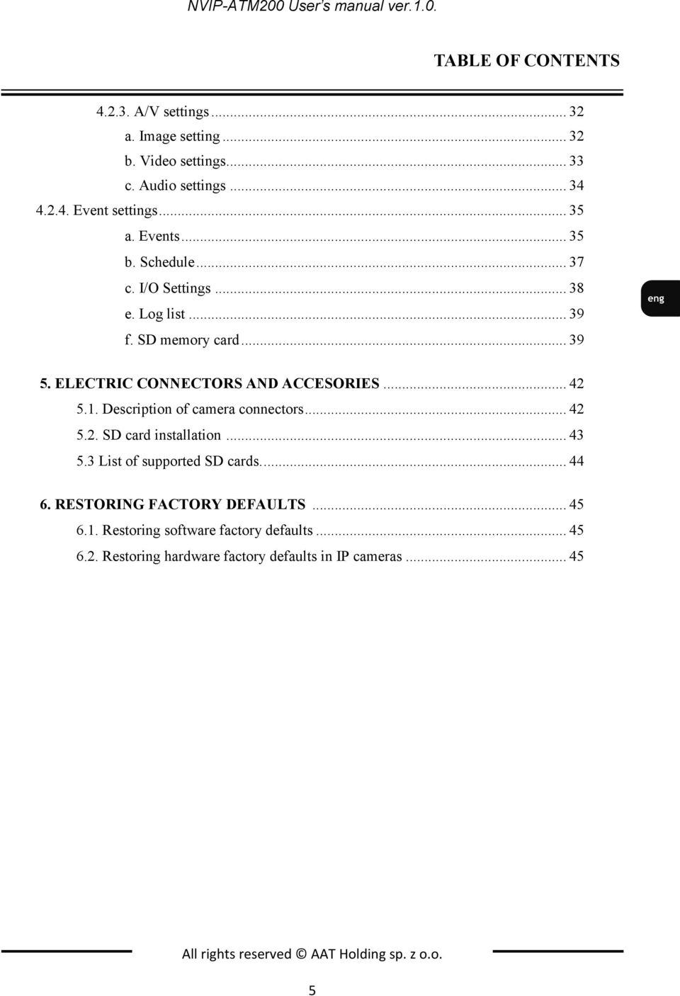 Description of camera connectors... 42 5.2. SD card installation... 43 5.3 List of supported SD cards.... 44 6. RESTORING FACTORY DEFAULTS... 45 6.1.