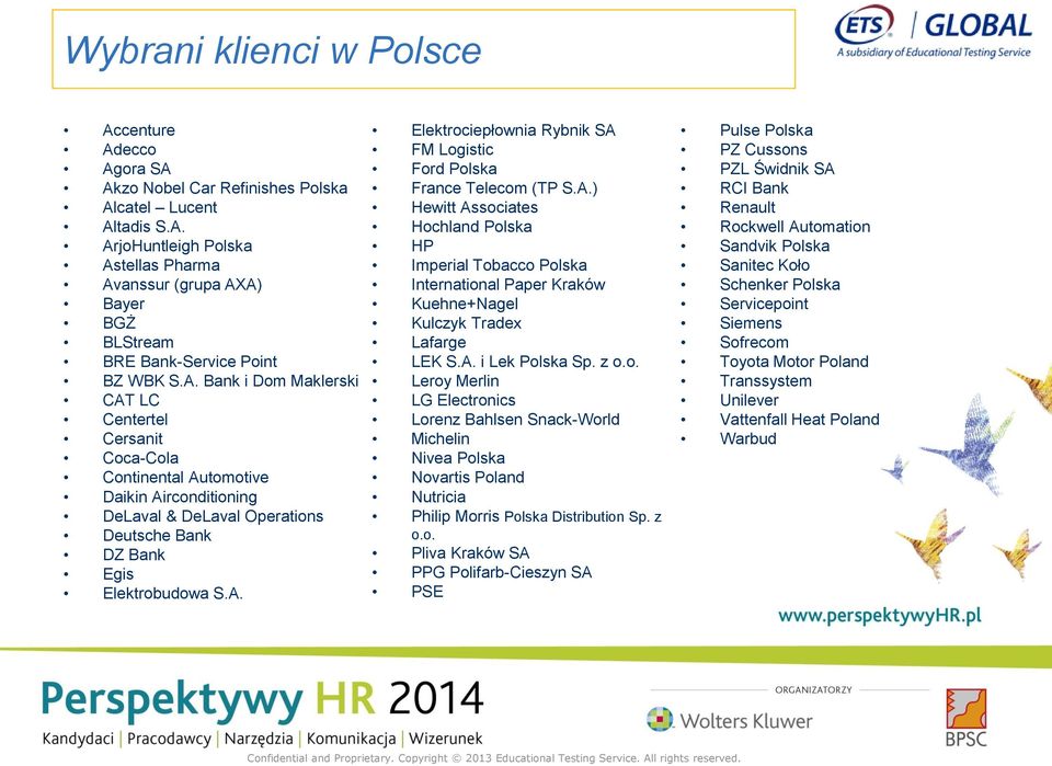 A.) Hewitt Associates Hochland Polska HP Imperial Tobacco Polska International Paper Kraków Kuehne+Nagel Kulczyk Tradex Lafarge LEK S.A. i Lek Polska Sp. z o.o. Leroy Merlin LG Electronics Lorenz Bahlsen Snack-World Michelin Nivea Polska Novartis Poland Nutricia Philip Morris Polska Distribution Sp.