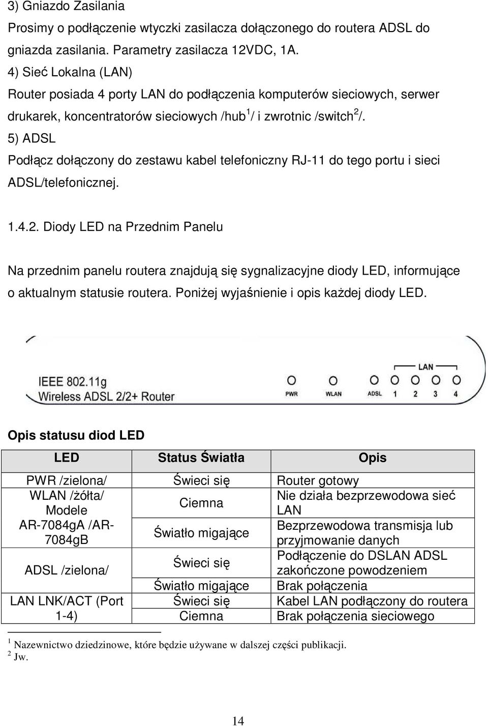 5) ADSL Podłącz dołączony do zestawu kabel telefoniczny RJ-11 do tego portu i sieci ADSL/telefonicznej. 1.4.2.