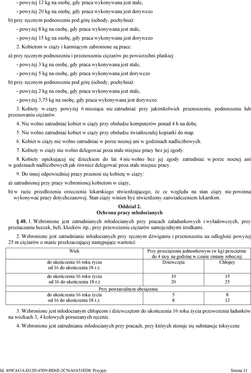 Kobietom w ciąży i karmiącym zabronione są prace: a) przy ręcznym podnoszeniu i przenoszeniu ciężarów po powierzchni płaskiej: - powyżej 3 kg na osobę, gdy praca wykonywana jest stale, - powyżej 5 kg