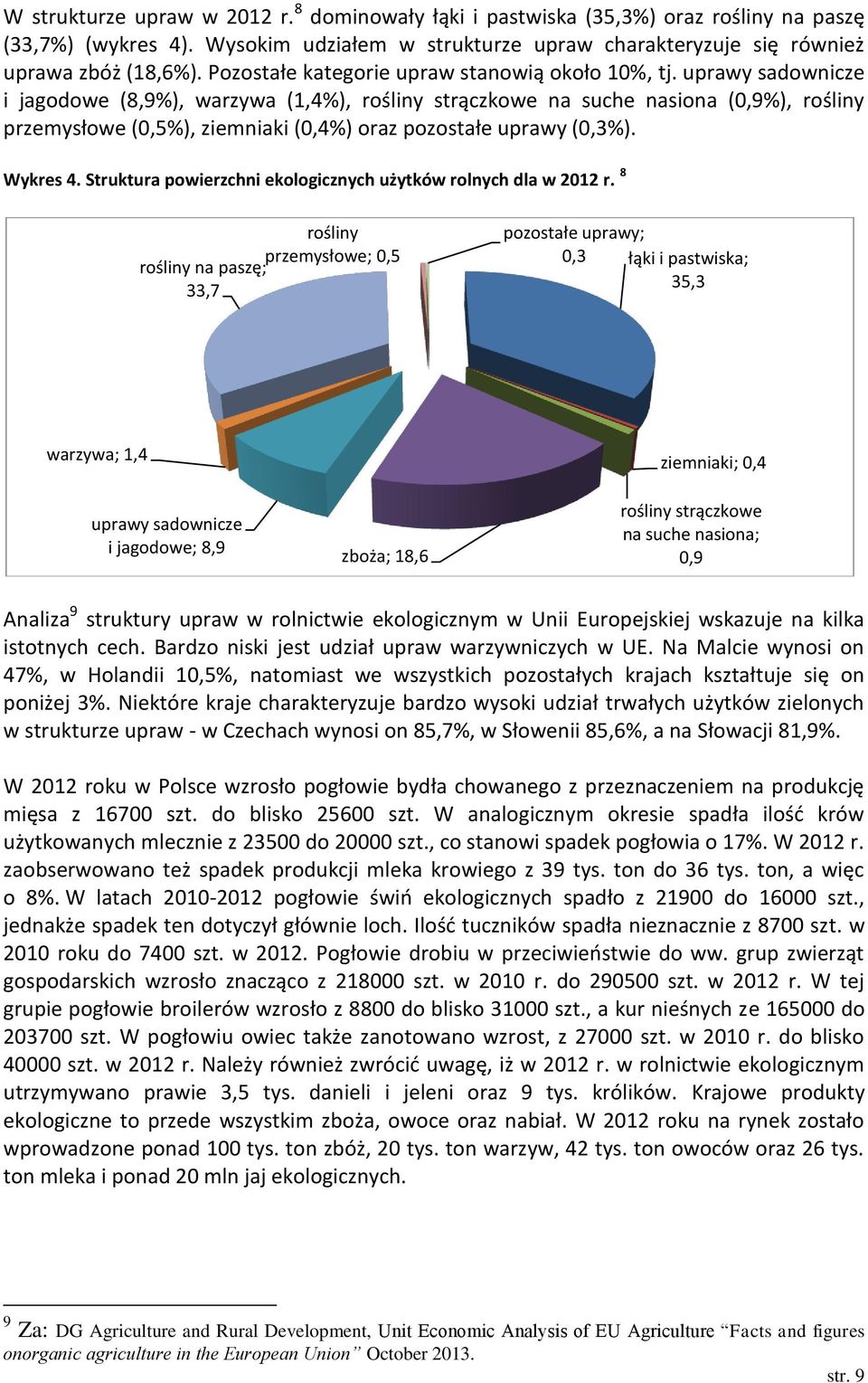 uprawy sadownicze i jagodowe (8,9%), warzywa (1,4%), rośliny strączkowe na suche nasiona (0,9%), rośliny przemysłowe (0,5%), ziemniaki (0,4%) oraz pozostałe uprawy (0,3%). Wykres 4.