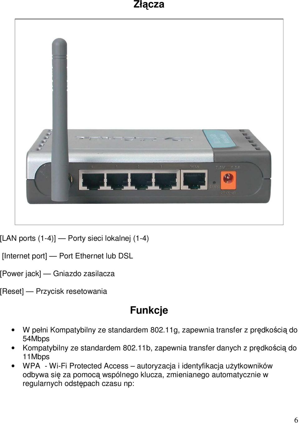 11g, zapewnia transfer z prędkością do 54Mbps Kompatybilny ze standardem 802.