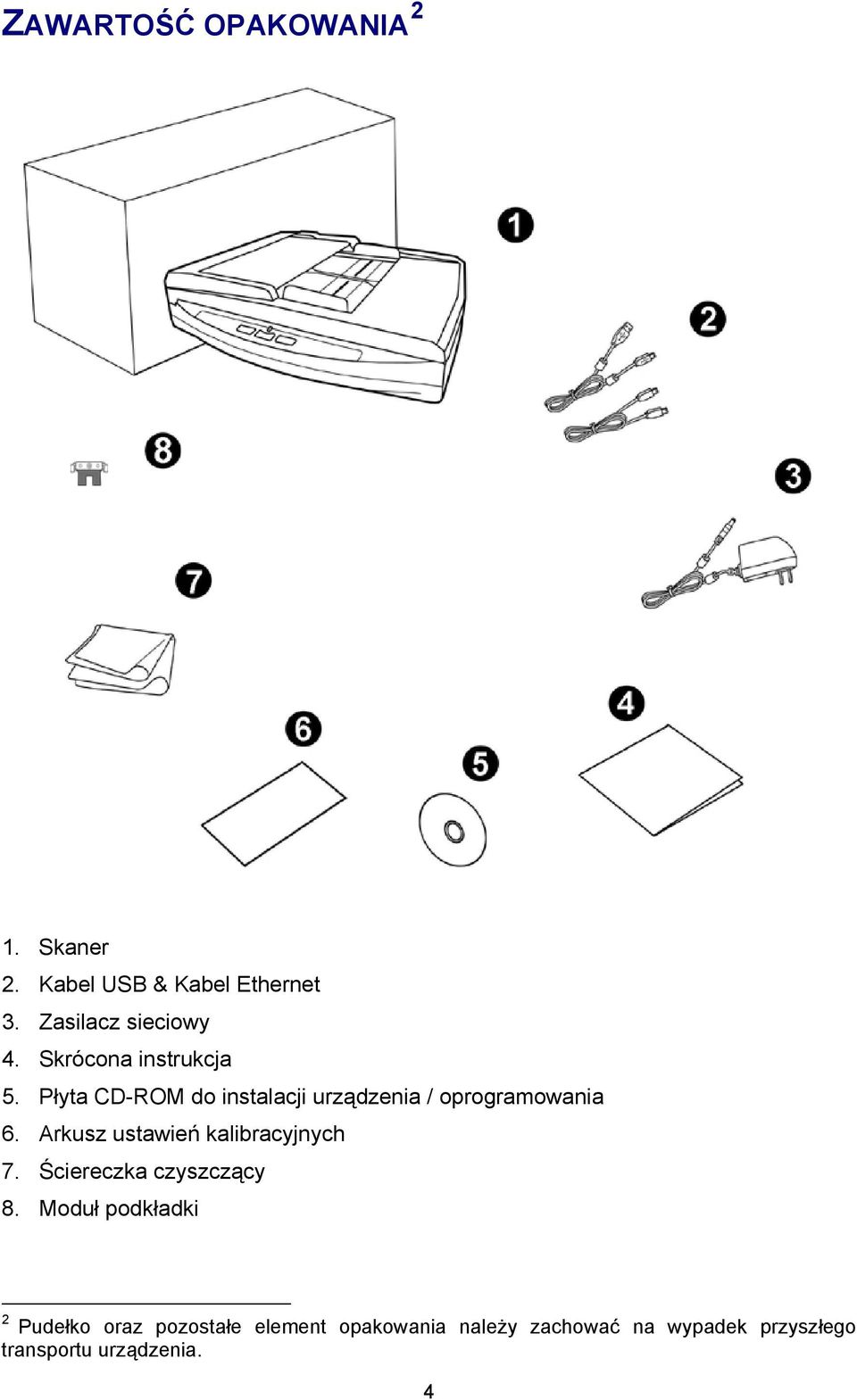 Arkusz ustawień kalibracyjnych 7. Ściereczka czyszczący 8.