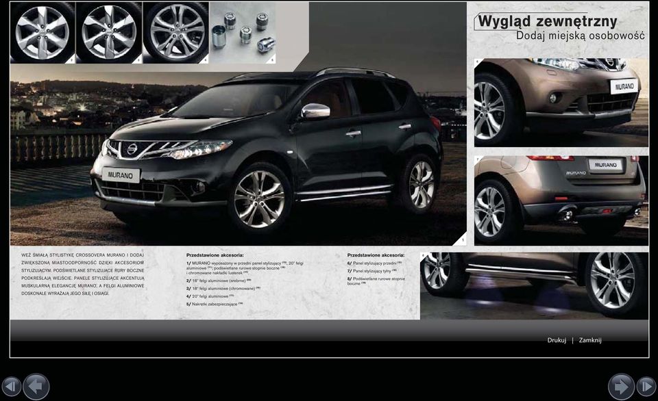 / MURANO wyposażony w przedni panel stylizujący (5), 0" felgi aluminiowe (), podświetlane rurowe stopnie boczne (8) i chromowane nakładki lusterek (7).