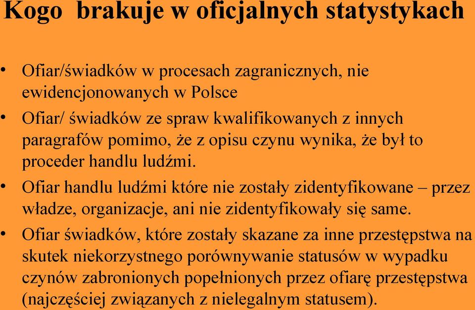 Ofiar handlu ludźmi które nie zostały zidentyfikowane przez władze, organizacje, ani nie zidentyfikowały się same.