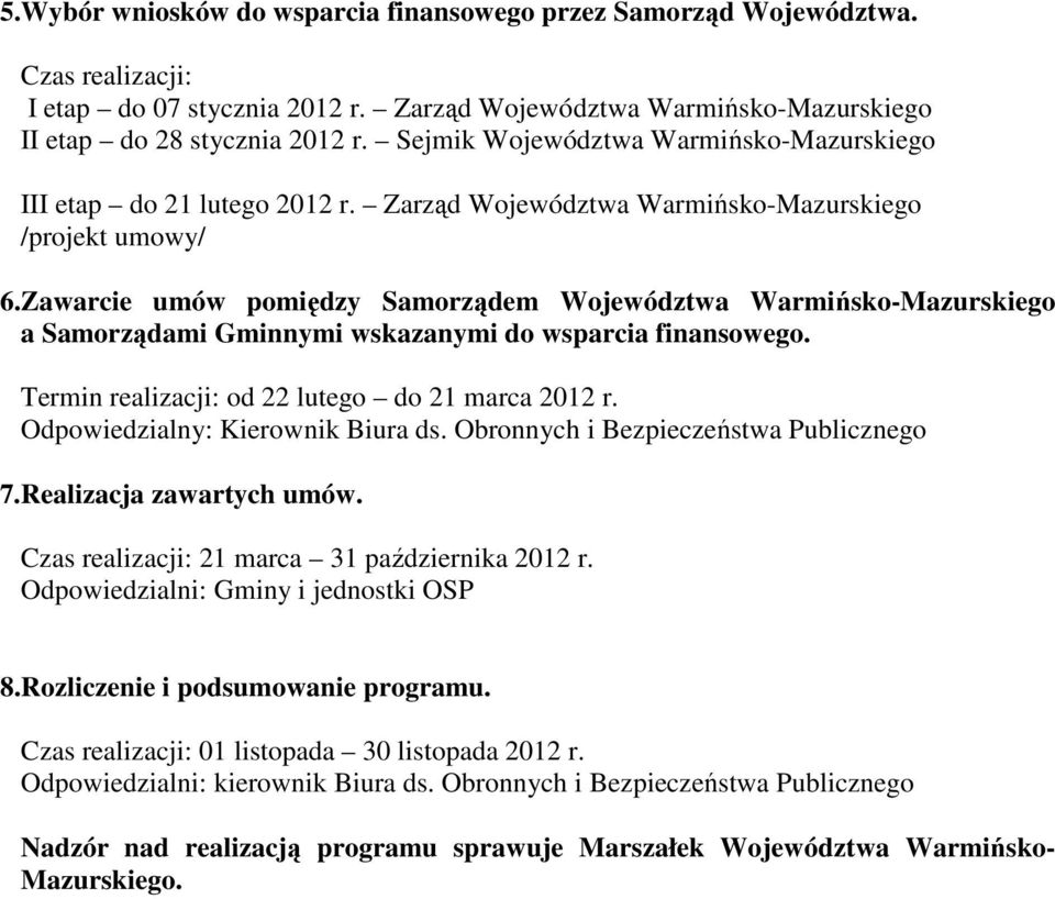 Zawarcie umów pomiędzy Samorządem Województwa Warmińsko-Mazurskiego a Samorządami Gminnymi wskazanymi do wsparcia finansowego. Termin realizacji: od 22 lutego do 21 marca 2012 r.