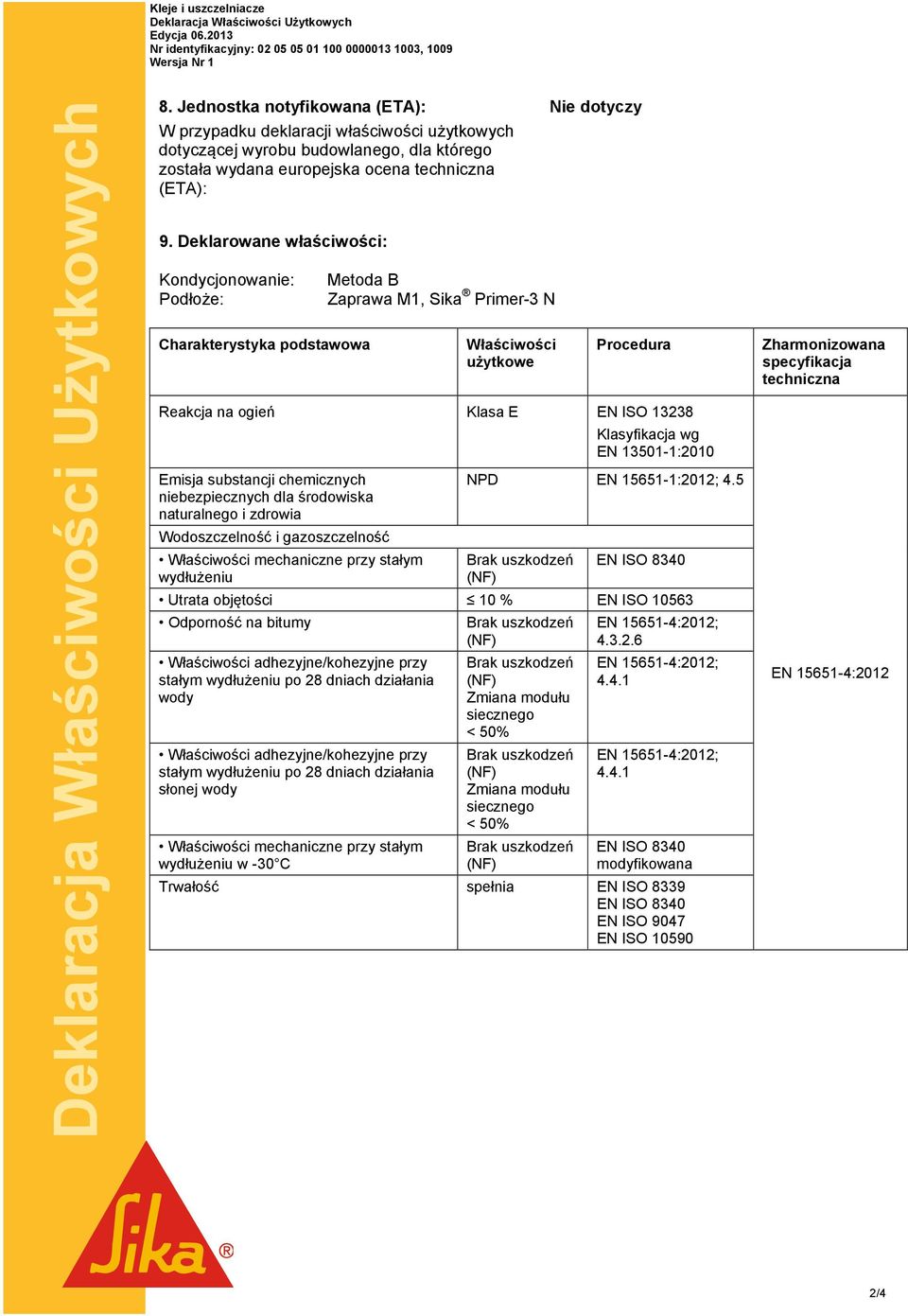 Deklarowane właściwości: Kondycjonowanie: Podłoże: Charakterystyka podstawowa Metoda B Zaprawa M1, Sika Primer-3 N Właściwości użytkowe Nie dotyczy Procedura Reakcja na ogień Klasa E EN ISO 13238