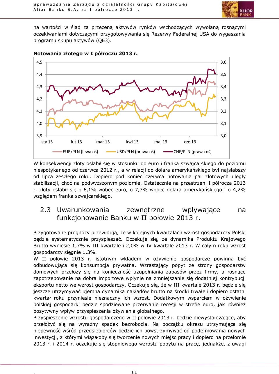 4,5 4,4 4,3 4,2 4,1 4,0 3,9 sty 13 lut 13 mar 13 kwi 13 maj 13 cze 13 3,6 3,5 3,4 3,3 3,2 3,1 3,0 EUR/PLN (lewa oś) USD/PLN (prawa oś) CHF/PLN (prawa oś) W konsekwencji złoty osłabił się w stosunku