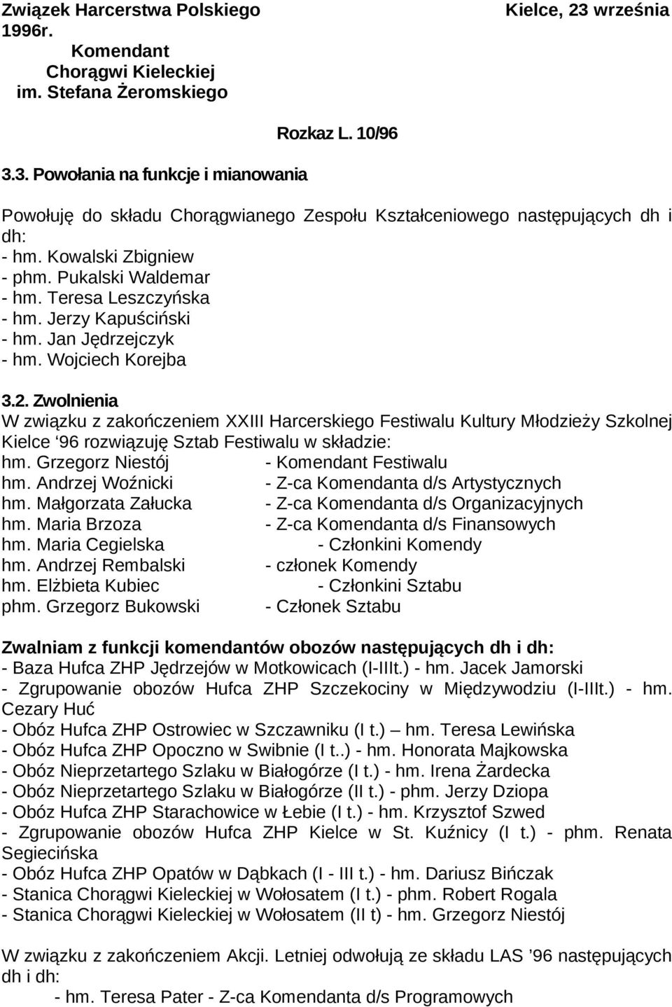 Zwolnienia W związku z zakończeniem XXIII Harcerskiego Festiwalu Kultury Młodzieży Szkolnej Kielce 96 rozwiązuję Sztab Festiwalu w składzie: hm. Grzegorz Niestój - Festiwalu hm.