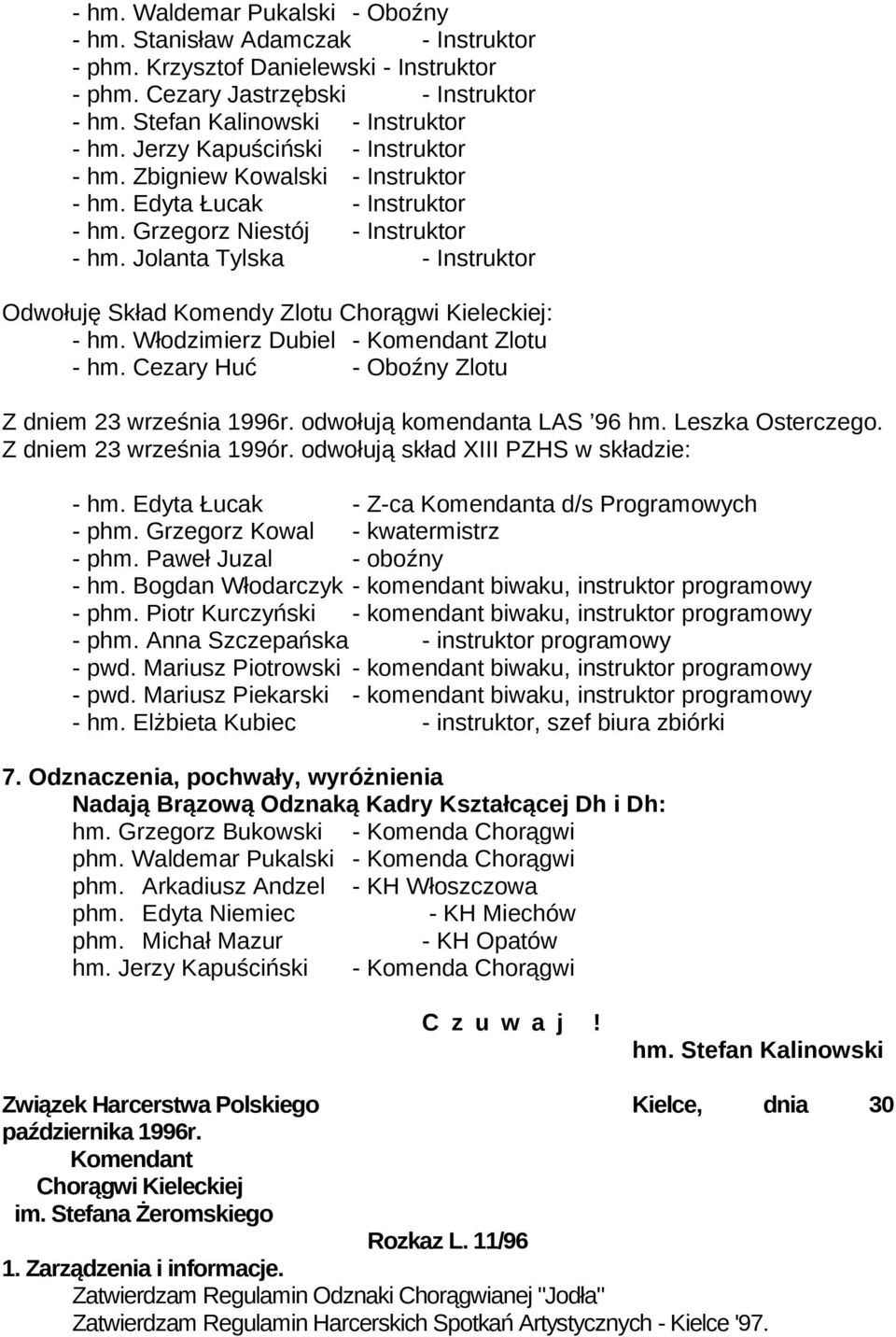 Jolanta Tylska - Instruktor Odwołuję Skład Komendy Zlotu : - hm. Włodzimierz Dubiel - Zlotu - hm. Cezary Huć - Oboźny Zlotu Z dniem 23 września 1996r. odwołują komendanta LAS 96 hm. Leszka Osterczego.