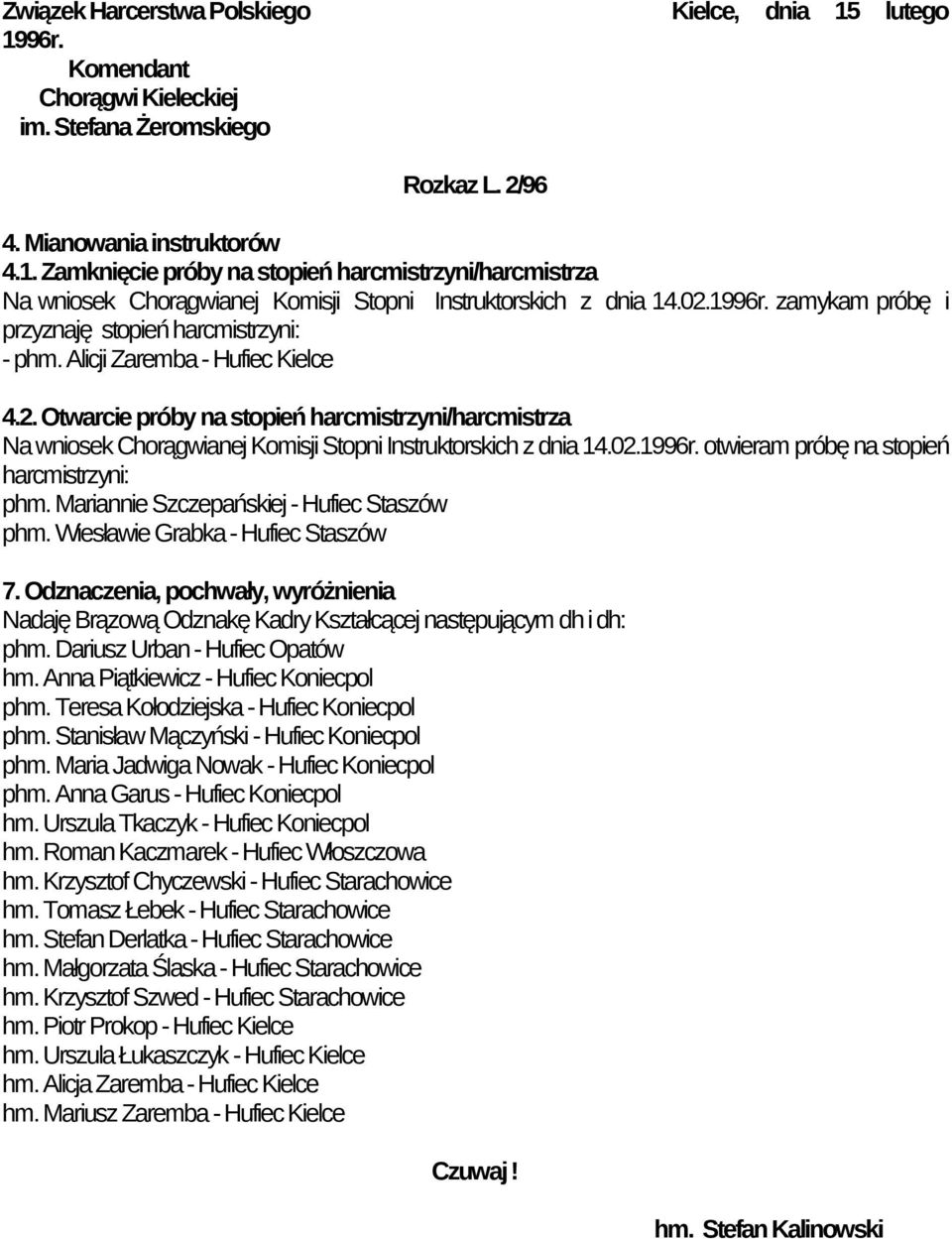 02.1996r. otwieram próbę na stopień harcmistrzyni: phm. Mariannie Szczepańskiej - Hufiec Staszów phm. Wiesławie Grabka - Hufiec Staszów 7.