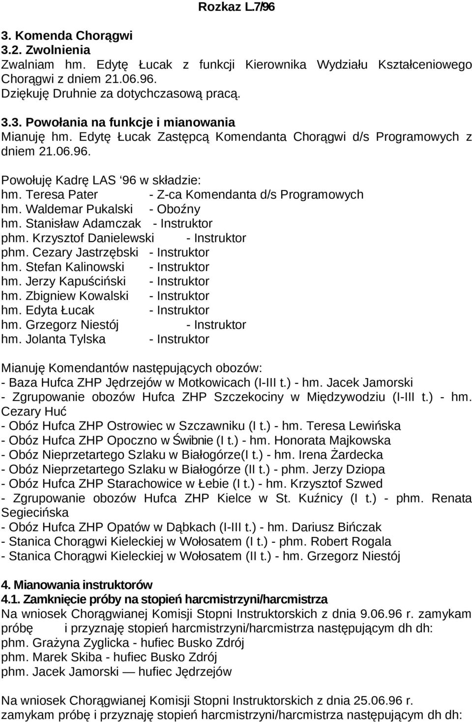 Stanisław Adamczak - Instruktor phm. Krzysztof Danielewski - Instruktor phm. Cezary Jastrzębski - Instruktor - Instruktor hm. Jerzy Kapuściński - Instruktor hm. Zbigniew Kowalski - Instruktor hm.