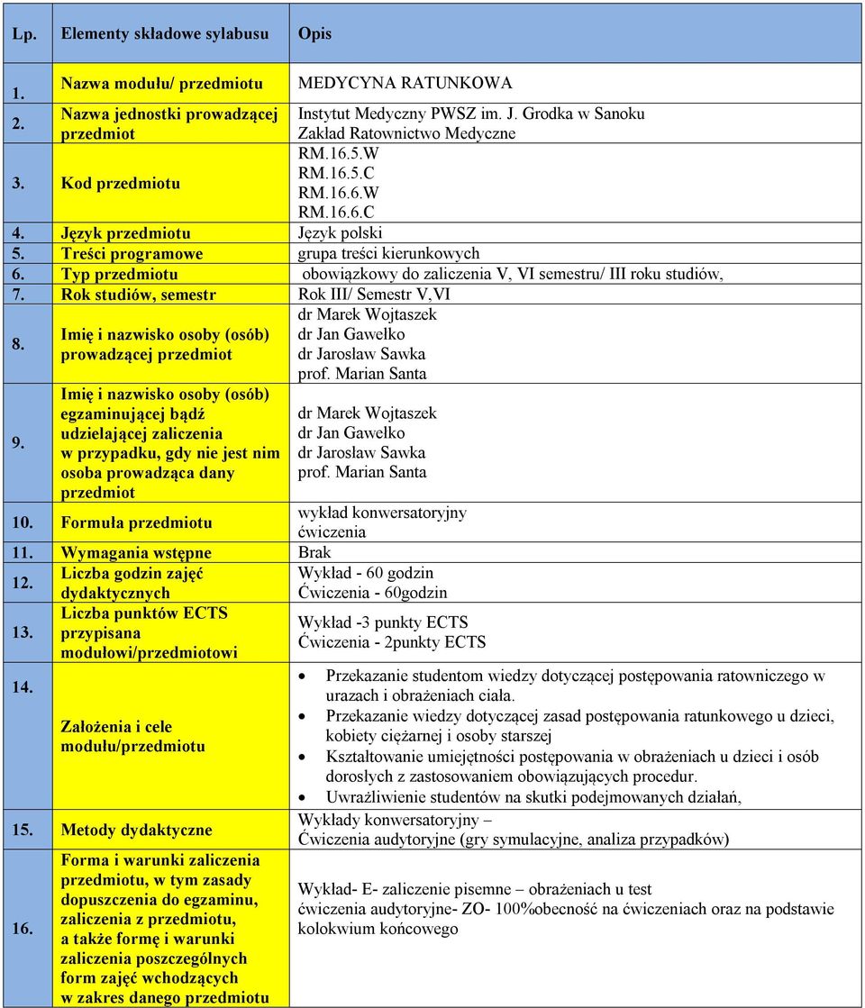 Typ przedmiotu obowiązkowy do zaliczenia V, VI semestru/ III roku studiów, 7. Rok studiów, semestr Rok III/ Semestr V,VI 8. 9.