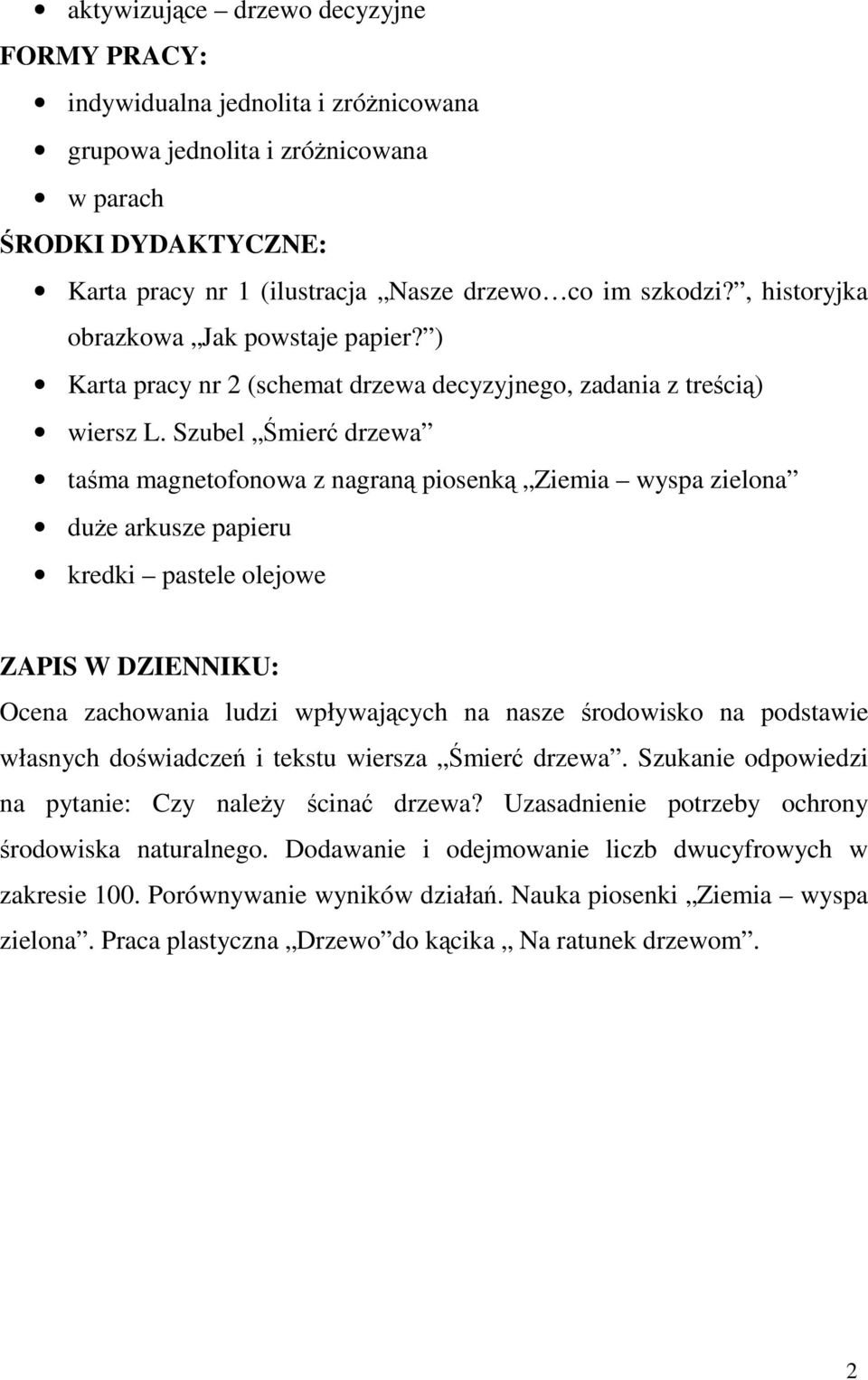 Szubel mier drzewa tama magnetofonowa z nagran piosenk Ziemia wyspa zielona due arkusze papieru kredki pastele olejowe ZAPIS W DZIENNIKU: Ocena zachowania ludzi wpływajcych na nasze rodowisko na