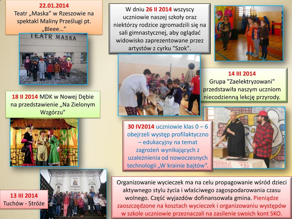 18 II 2014 MDK w Nowej Dębie na przedstawienie Na Zielonym Wzgórzu 14 III 2014 Grupa "Zaelektryzowani" przedstawiła naszym uczniom niecodzienną lekcję przyrody.