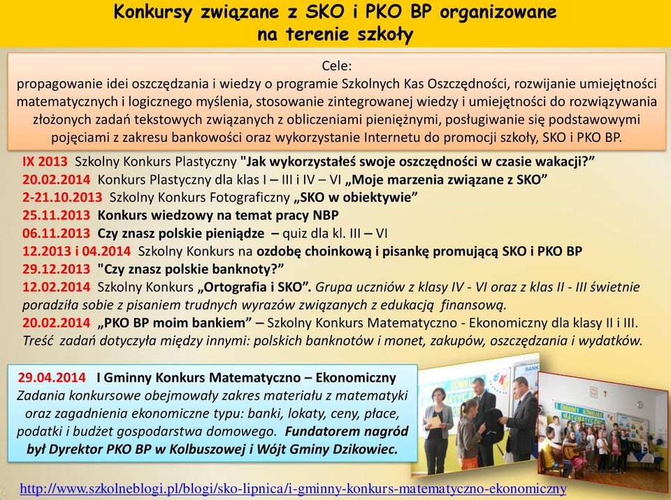 zakresu bankowości oraz wykorzystanie Internetu do promocji szkoły, SKO i PKO BP. IX 2013 Szkolny Konkurs Plastyczny "Jak wykorzystałeś swoje oszczędności w czasie wakacji? 20.02.