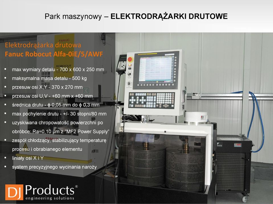 ϕ 0,3 mm max pochylenie drutu - +/- 30 stopni/80 mm uzyskiwana chropowatość powierzchni po obróbce: Ra=0,10 μm z "MF2 Power