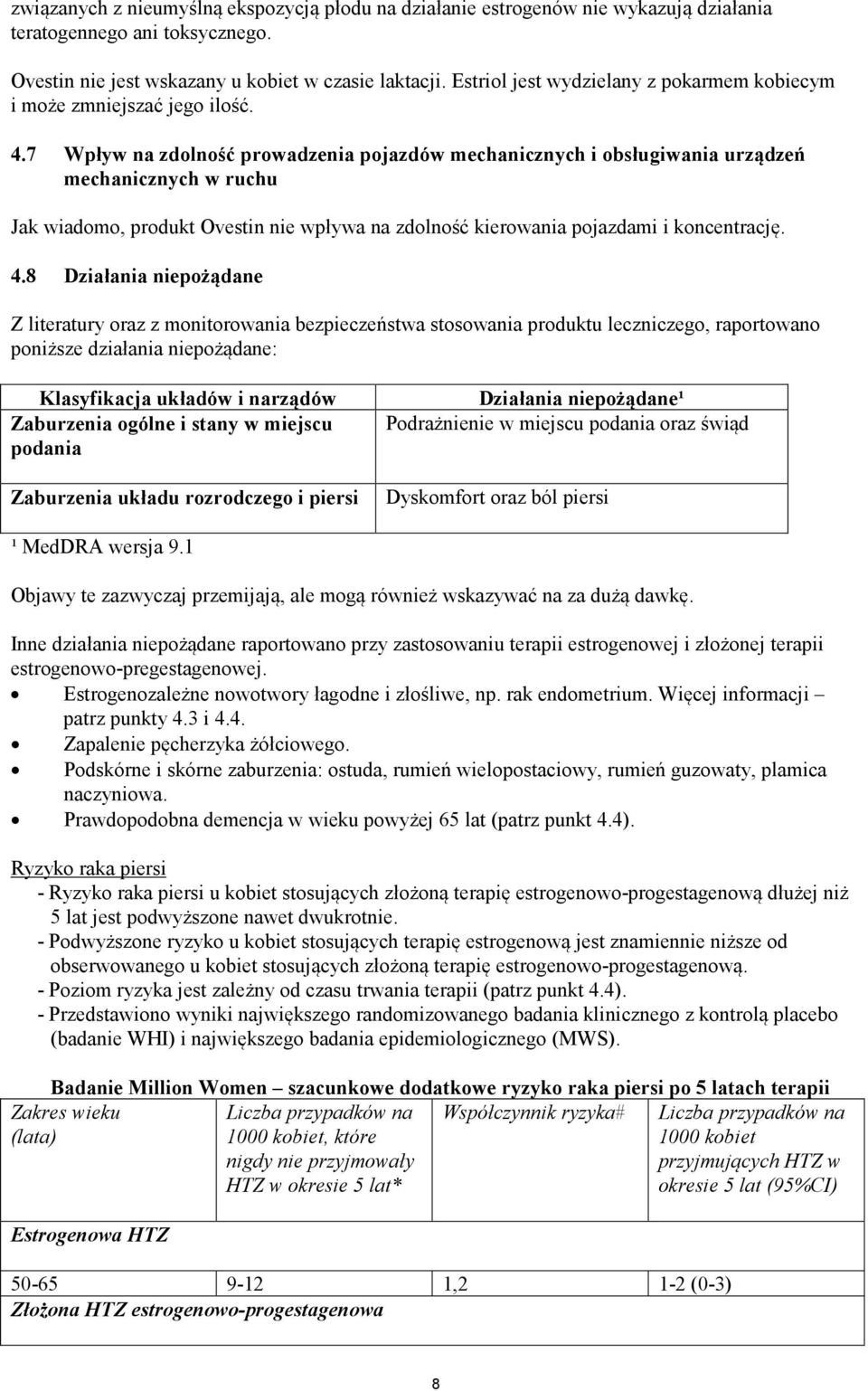 7 Wpływ na zdolność prowadzenia pojazdów mechanicznych i obsługiwania urządzeń mechanicznych w ruchu Jak wiadomo, produkt Ovestin nie wpływa na zdolność kierowania pojazdami i koncentrację. 4.